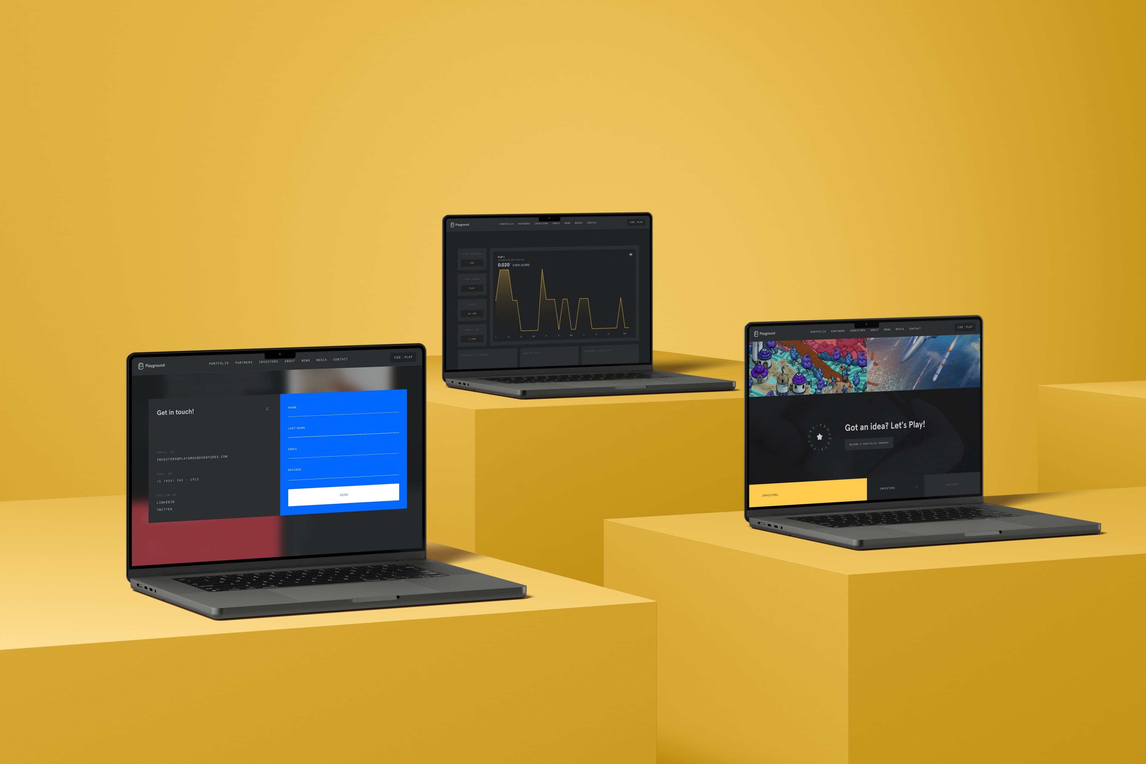 Playground ventures' website design on multiple Macbook Pro mockups