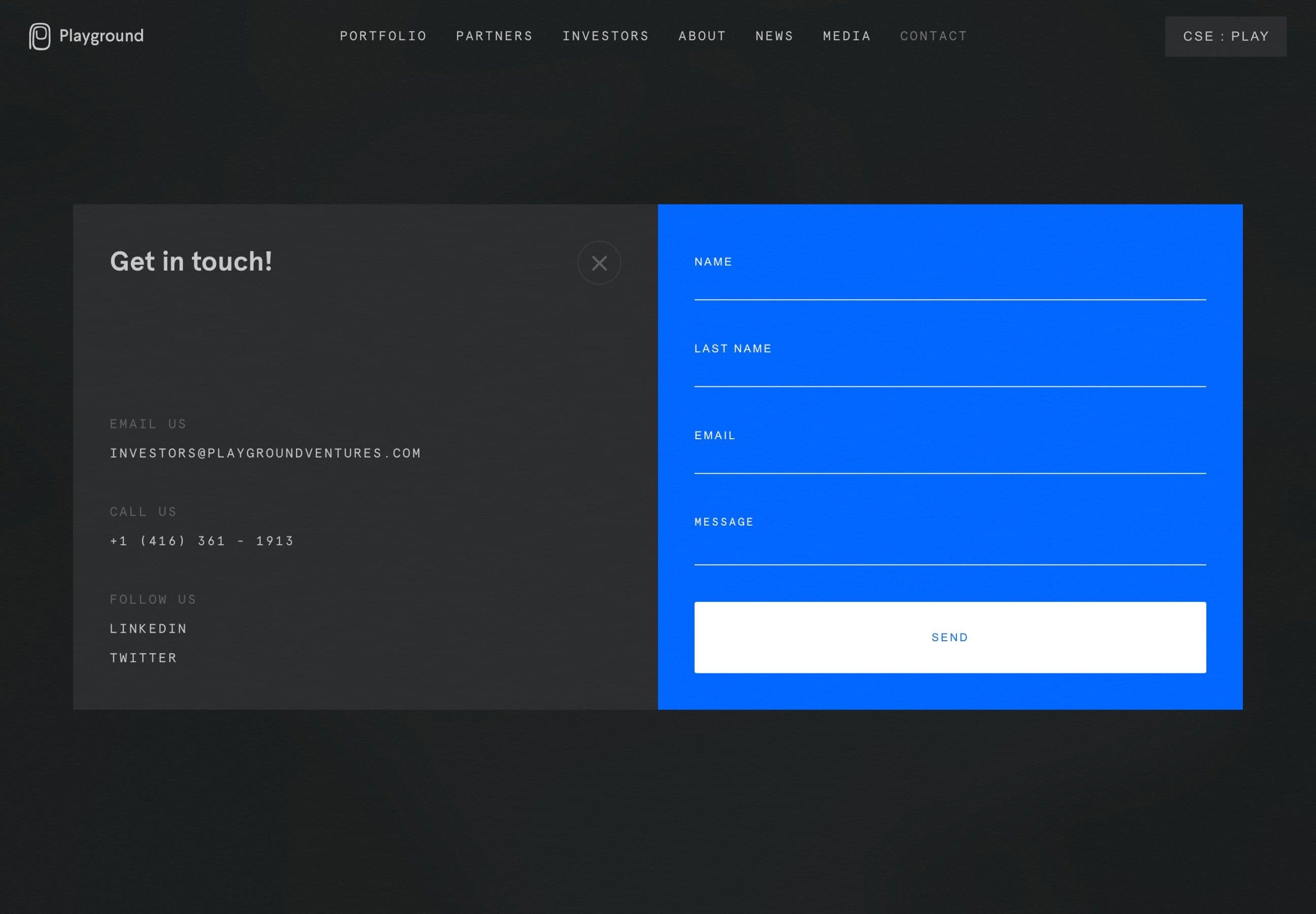 Playground ventures' website menu design